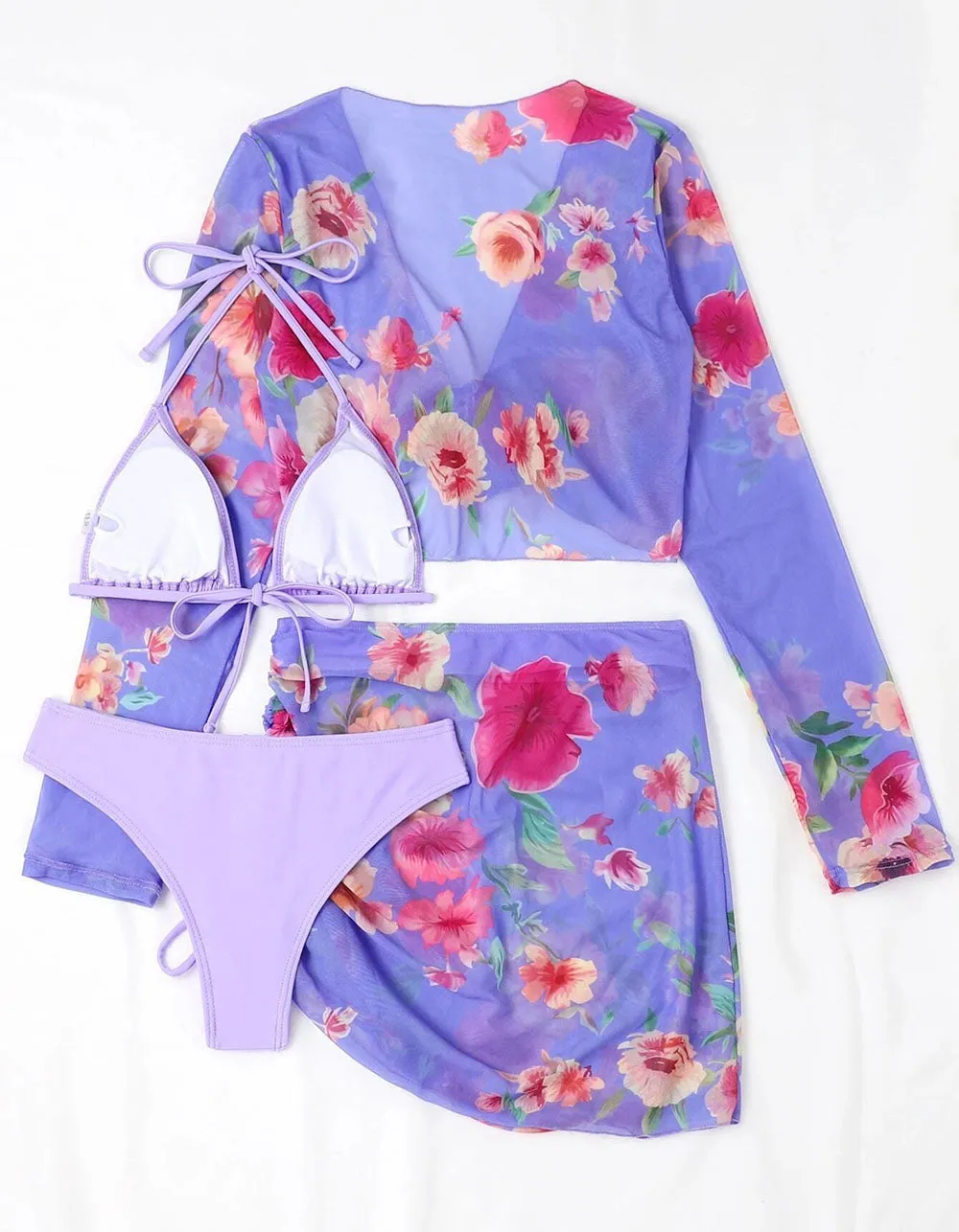 Floral Print Solid-color 4-piece Bikini Swimwear Sets