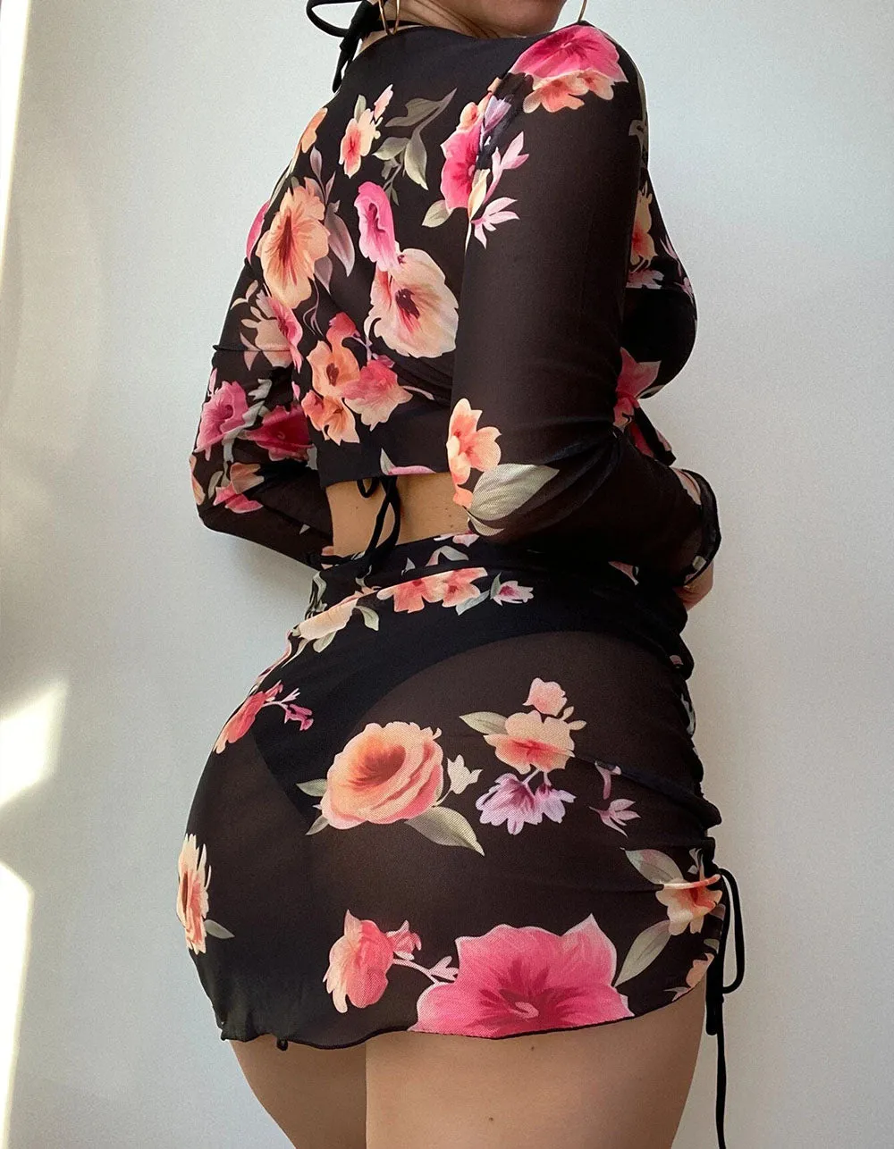 Floral Print Solid-color 4-piece Bikini Swimwear Sets