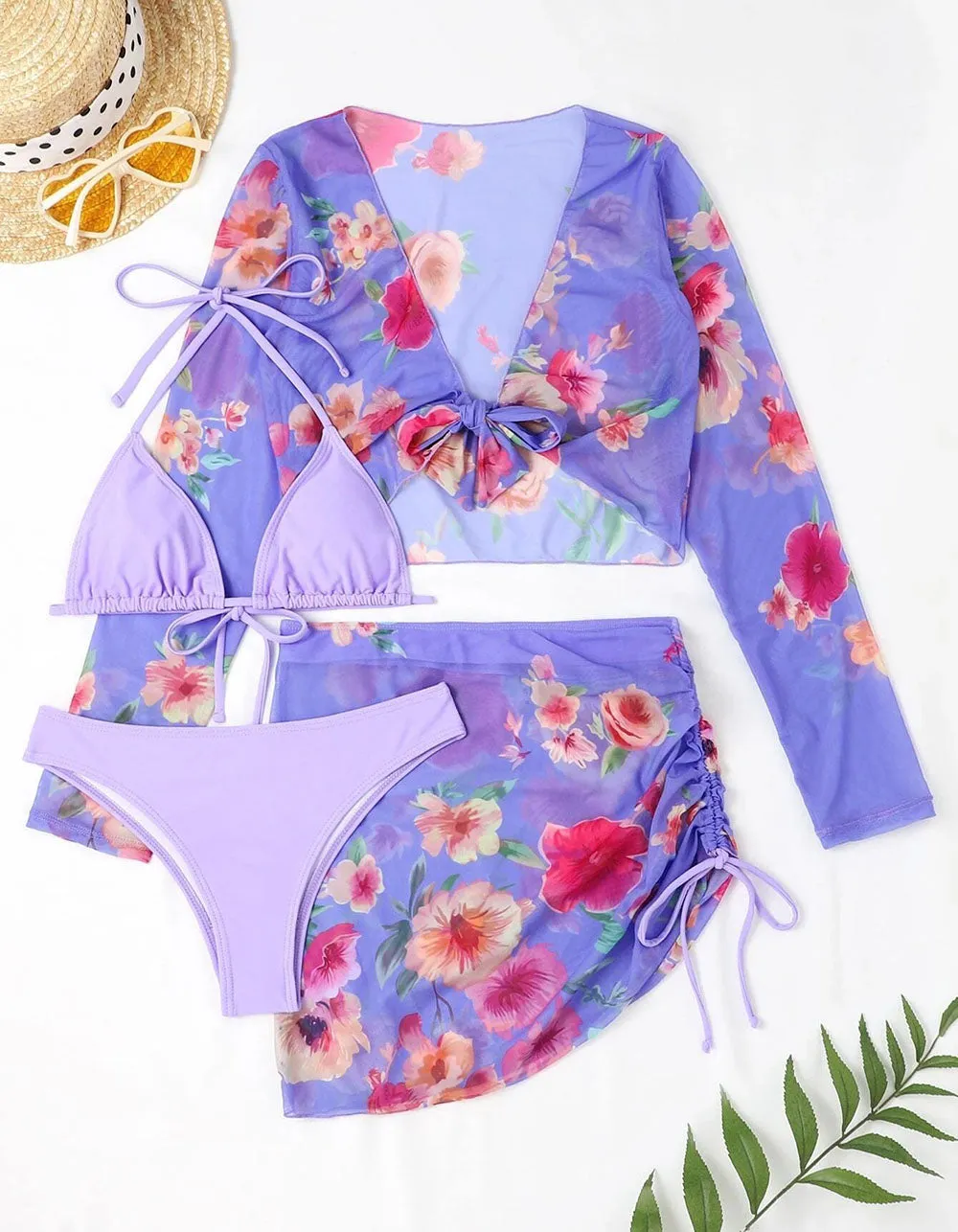 Floral Print Solid-color 4-piece Bikini Swimwear Sets