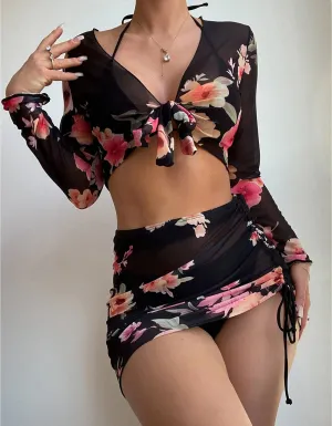 Floral Print Solid-color 4-piece Bikini Swimwear Sets