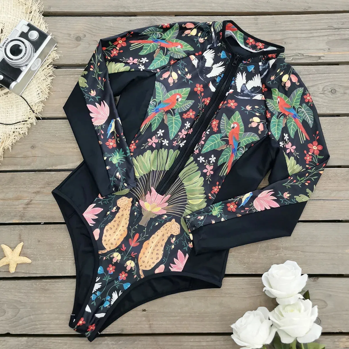Floral Rash Guard Long-Sleeve Swimwear for Full-Figured Women