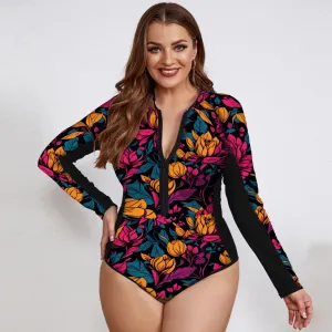 Floral Rash Guard Long-Sleeve Swimwear for Full-Figured Women