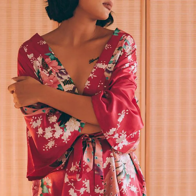 Floral Satin Mini Kimono Robes
