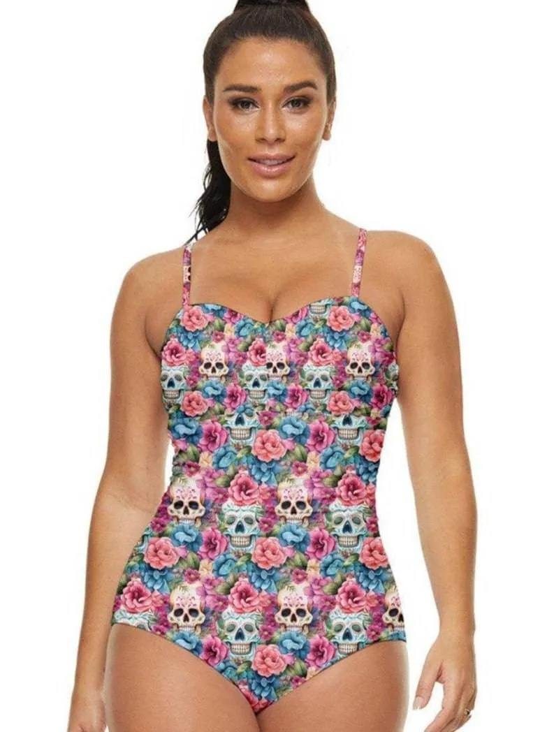 Floral Sugar Skulls Retro Full Coverage Swimsuit