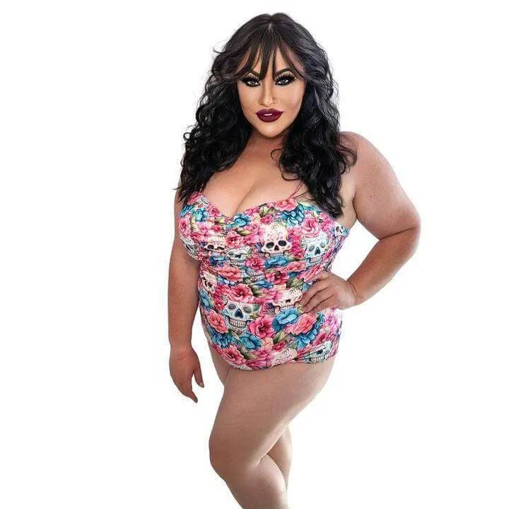 Floral Sugar Skulls Retro Full Coverage Swimsuit