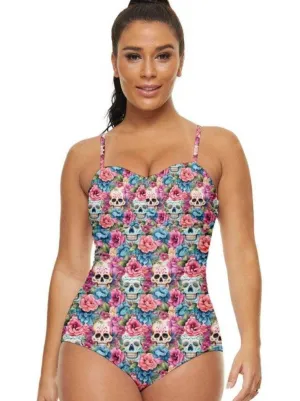 Floral Sugar Skulls Retro Full Coverage Swimsuit