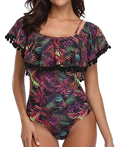 Flounce Printed Off-Shoulder One Piece Bathing Suit For Ladies-Purple Leaf