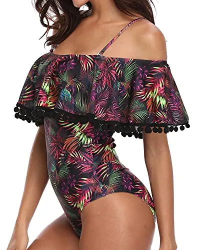 Flounce Printed Off-Shoulder One Piece Bathing Suit For Ladies-Purple Leaf