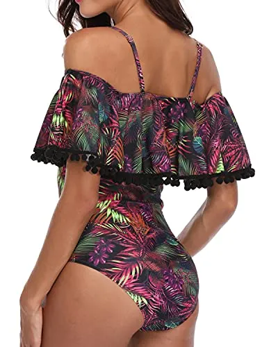 Flounce Printed Off-Shoulder One Piece Bathing Suit For Ladies-Purple Leaf