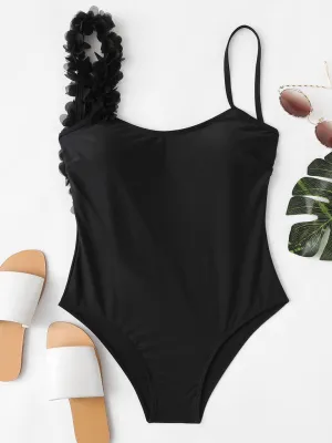 Flower Applique Backless Swimsuit