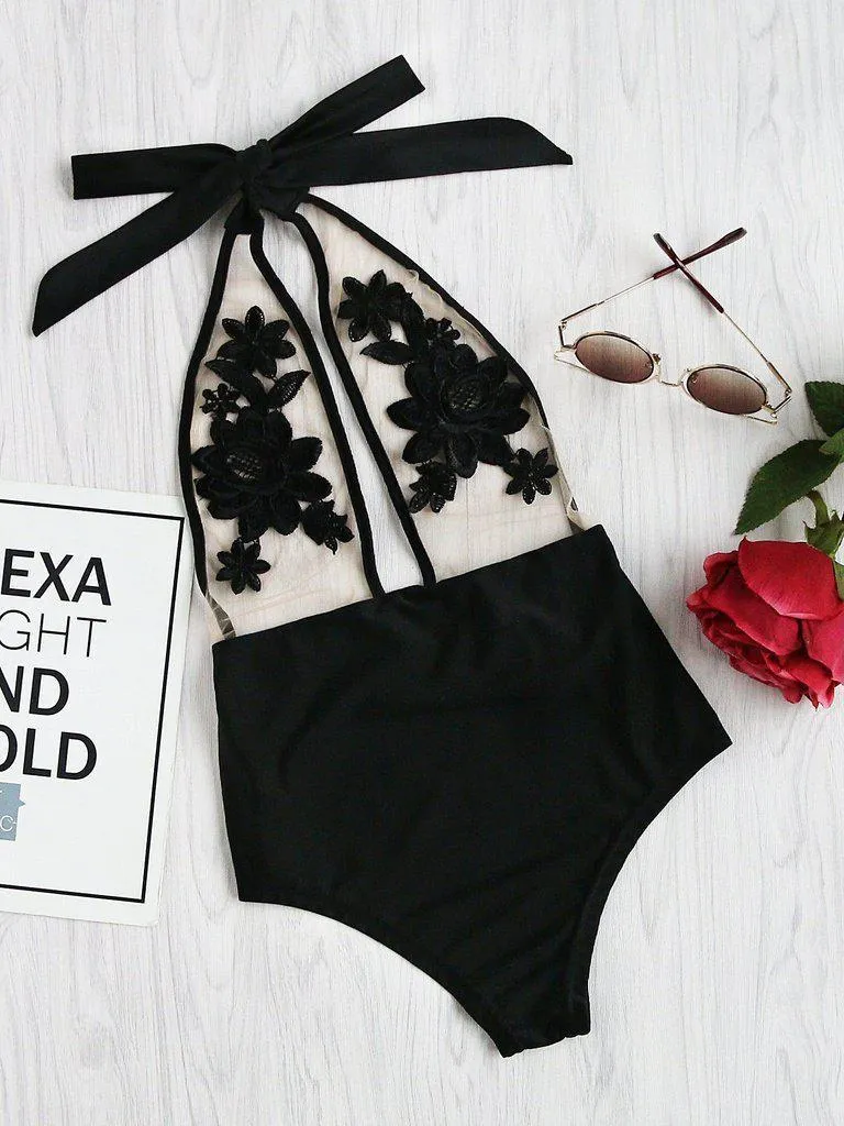 Flower Embroidery Halter Mesh Swimsuit