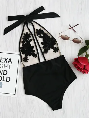 Flower Embroidery Halter Mesh Swimsuit