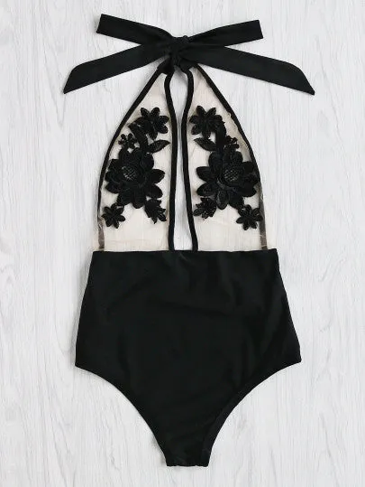 Flower Embroidery Halter Mesh Swimsuit