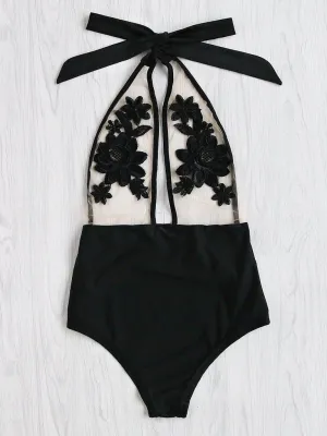 Flower Embroidery Halter Mesh Swimsuit