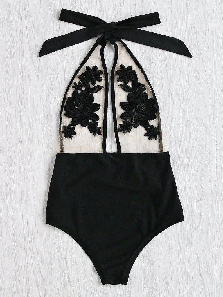 Flower Embroidery Halter Mesh Swimsuit