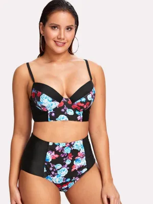 Flower Print High Waist Bikini Set