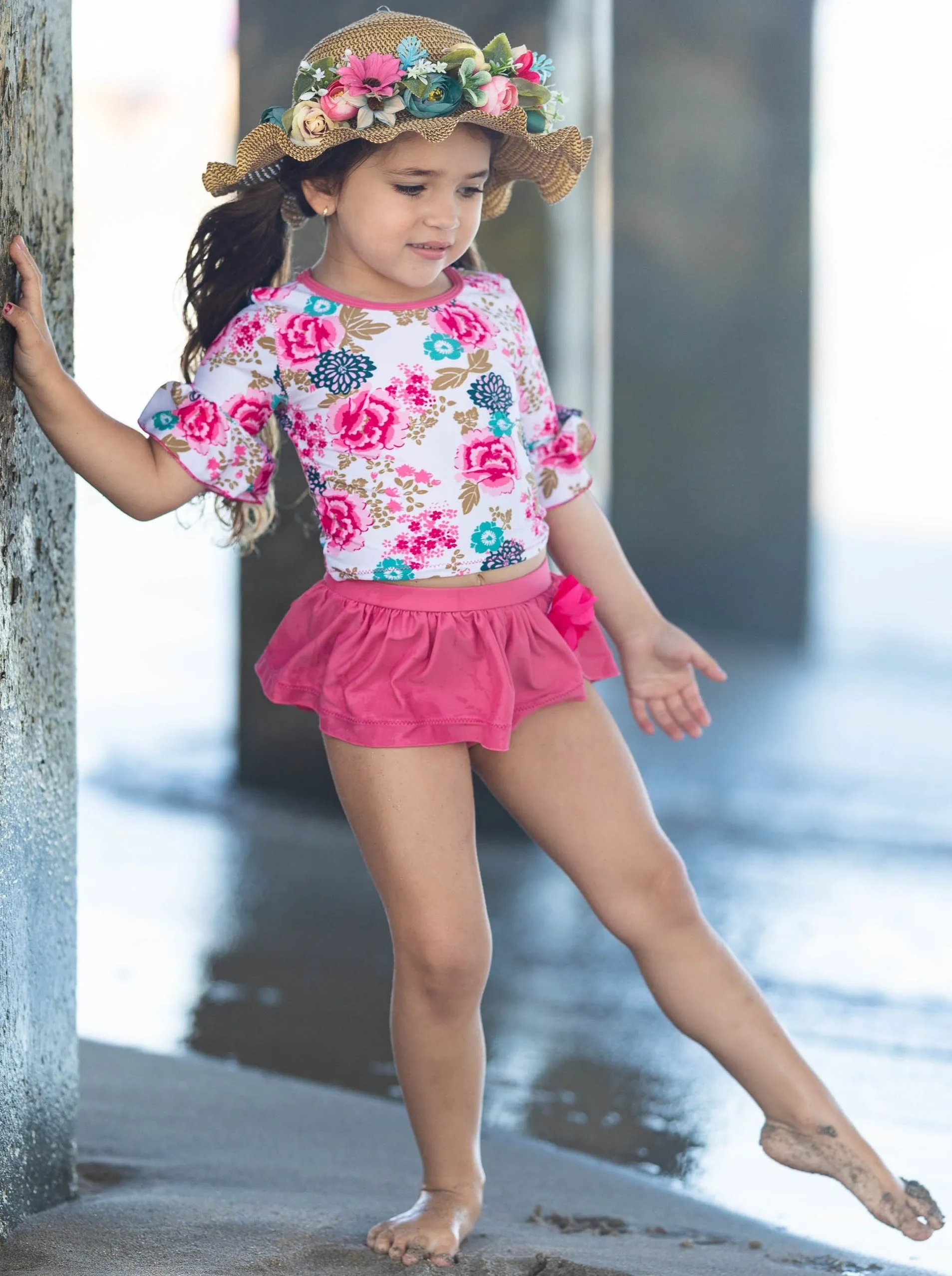 Flowers Rash Guard Skirted Two Piece Swimsuit