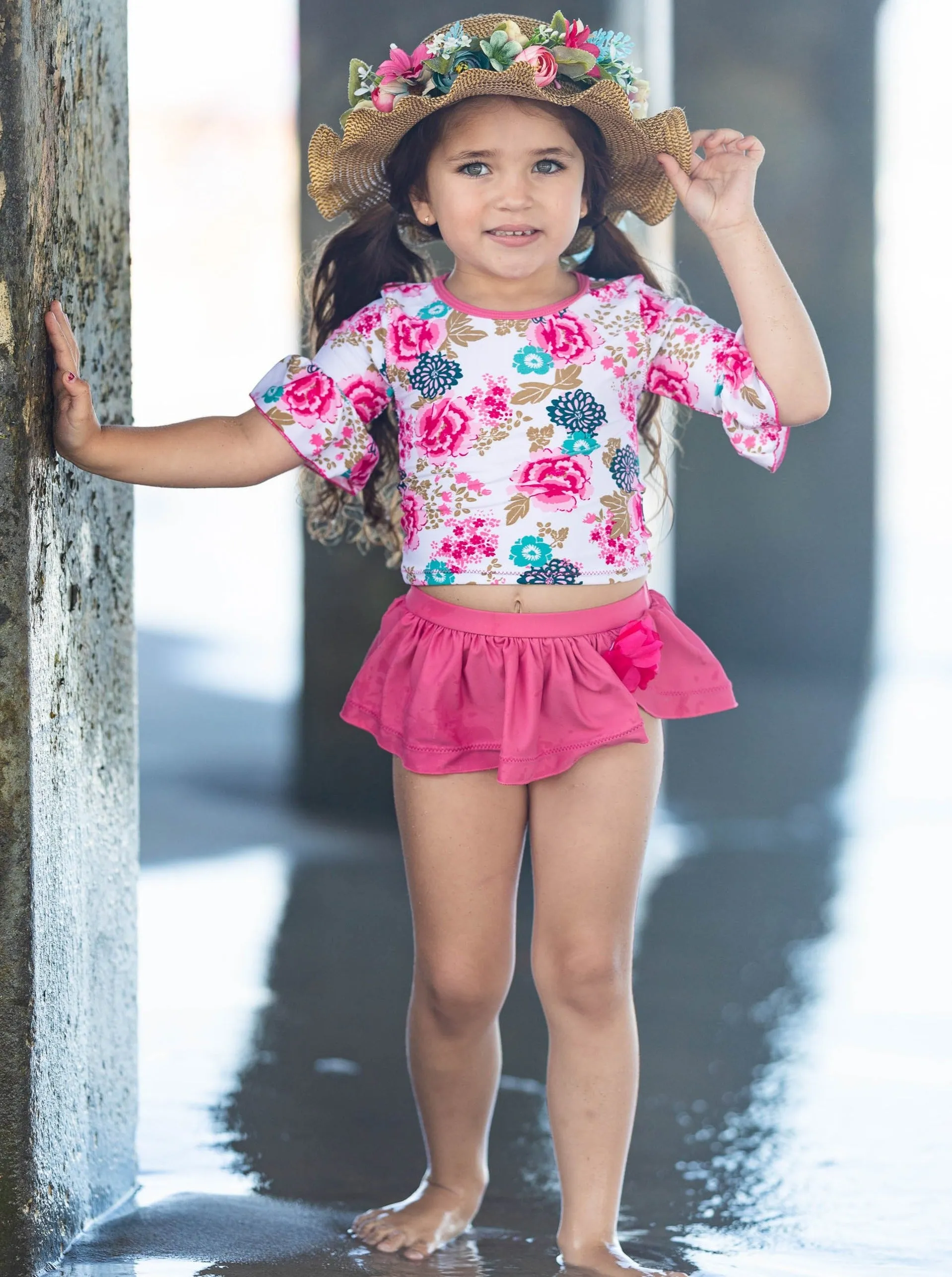 Flowers Rash Guard Skirted Two Piece Swimsuit
