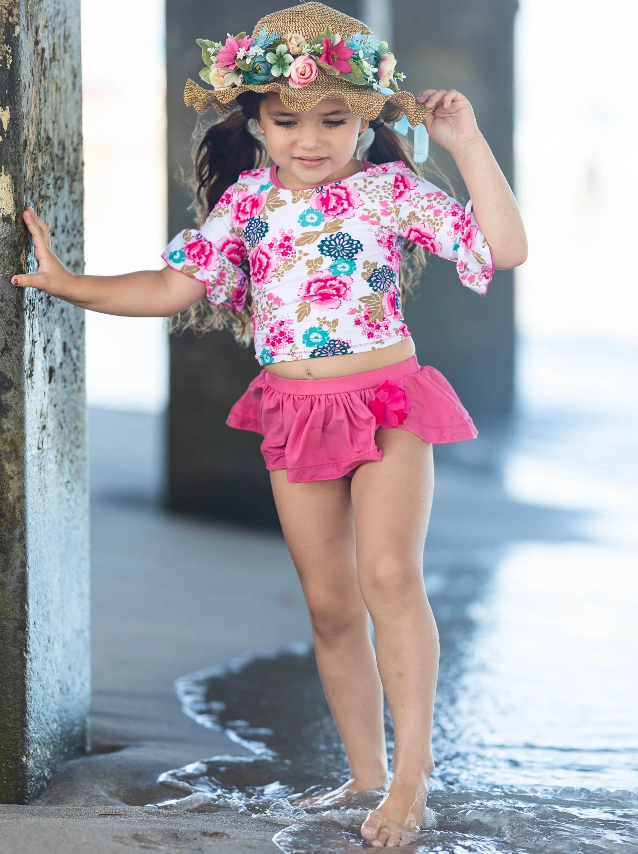 Flowers Rash Guard Skirted Two Piece Swimsuit