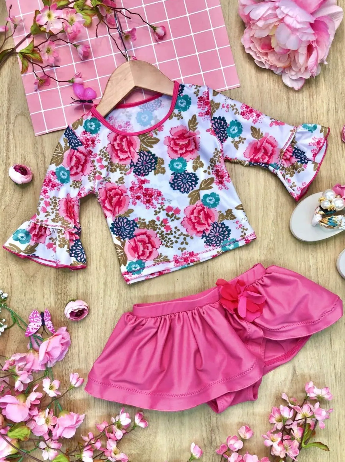 Flowers Rash Guard Skirted Two Piece Swimsuit