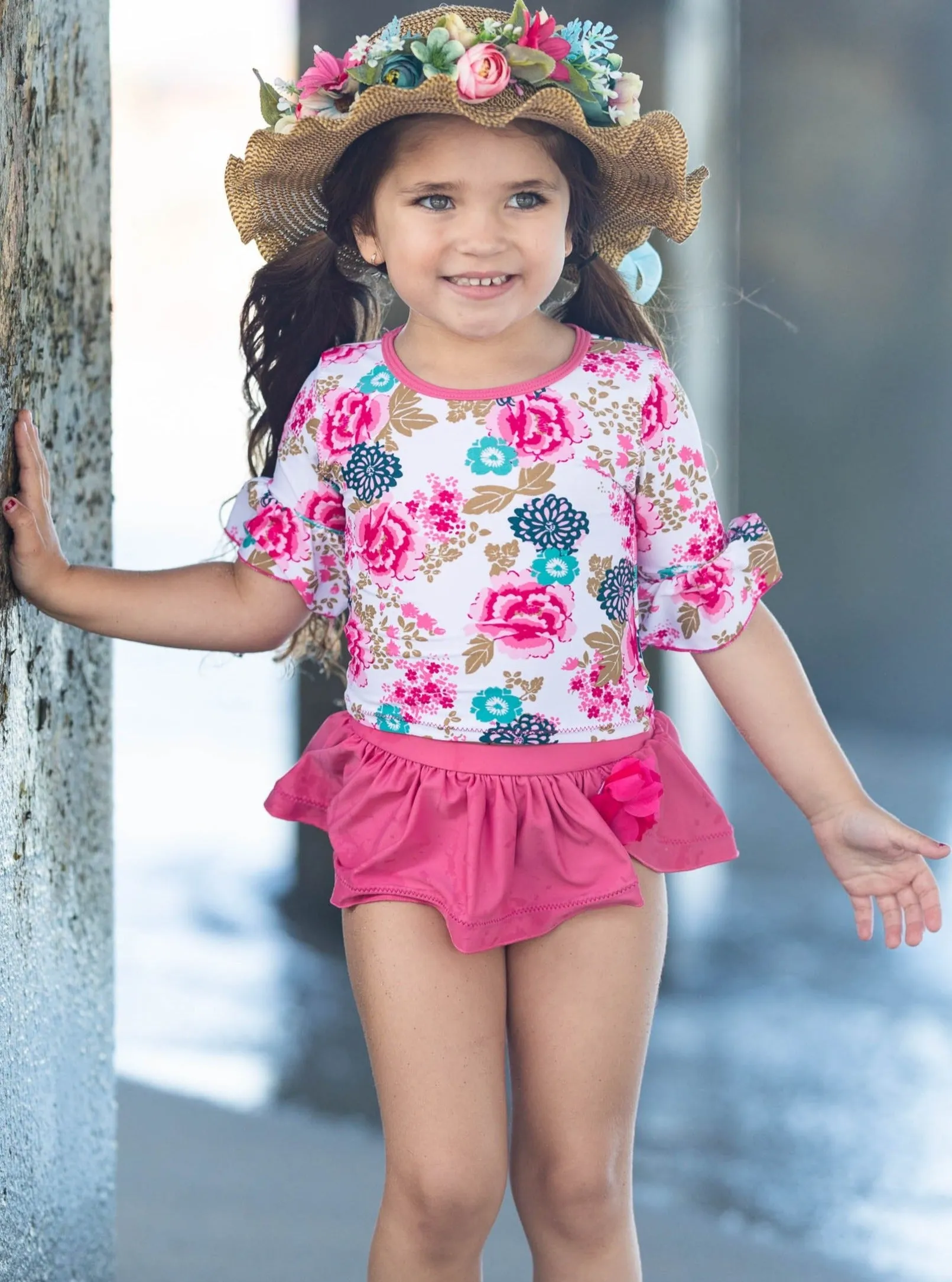 Flowers Rash Guard Skirted Two Piece Swimsuit