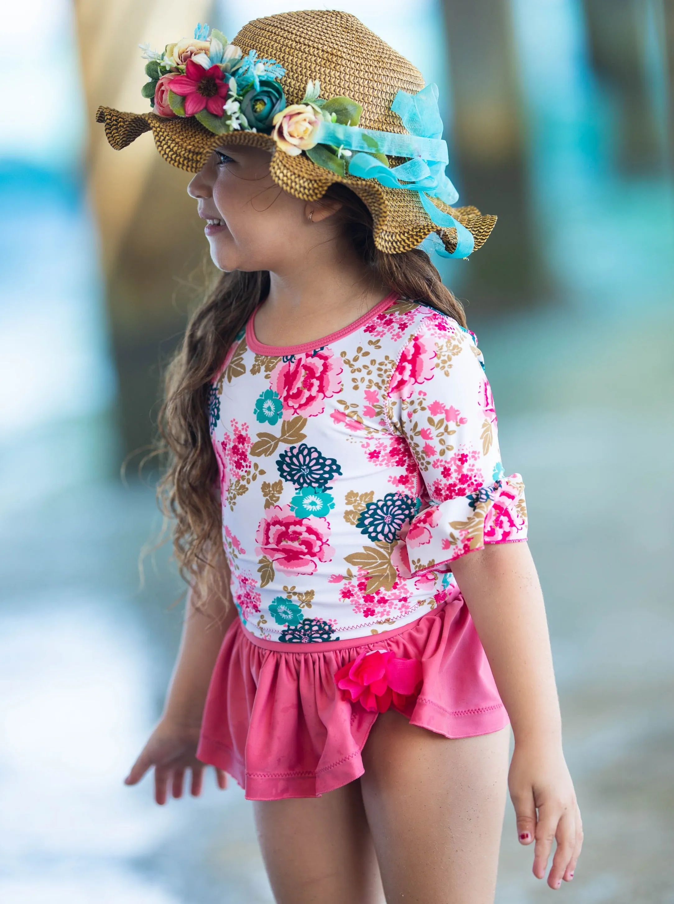 Flowers Rash Guard Skirted Two Piece Swimsuit