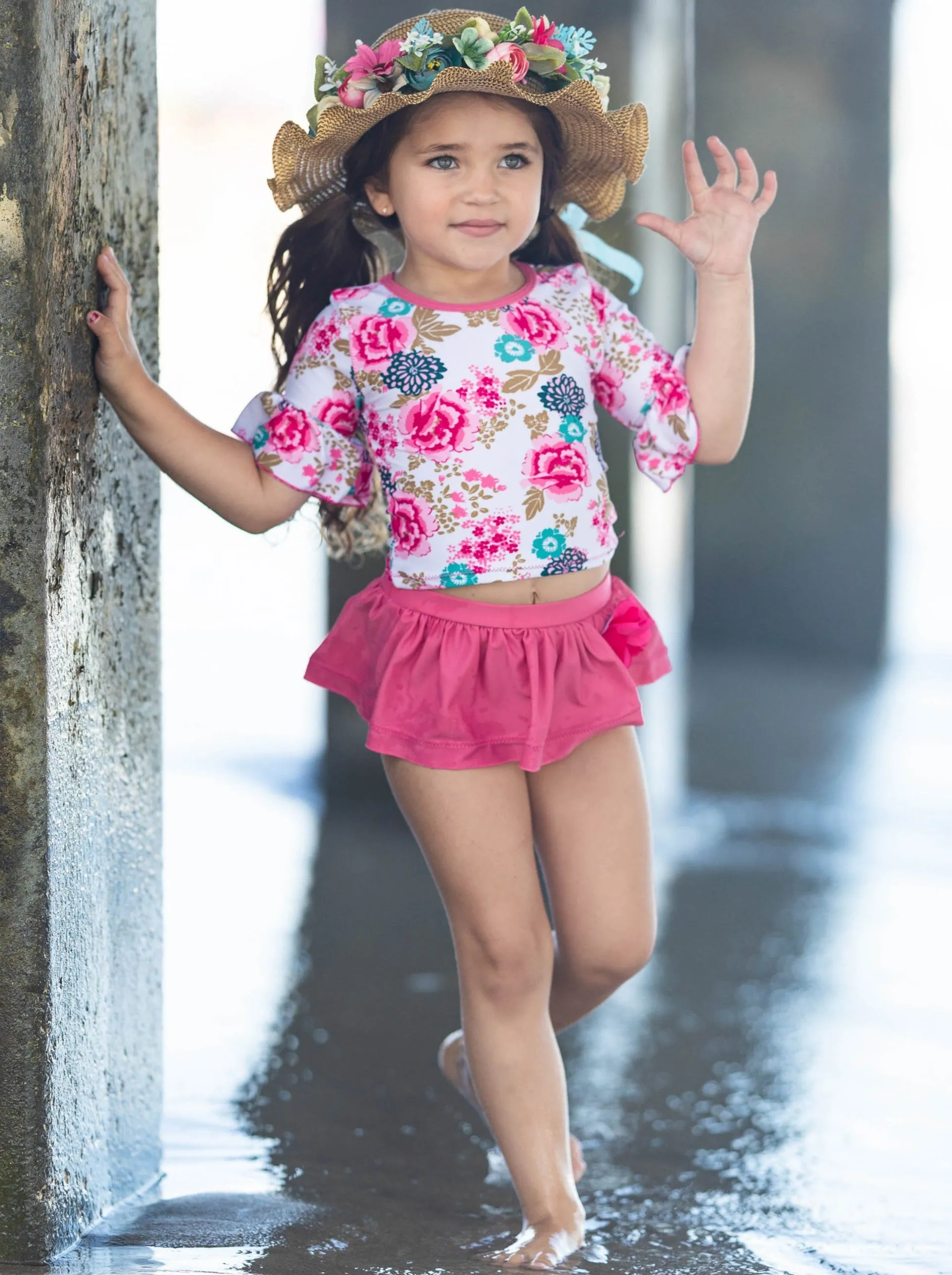 Flowers Rash Guard Skirted Two Piece Swimsuit