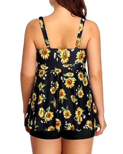 Flowy Bathing Suits Shorts And Tie Knot For Ladies-Black And Sunflower