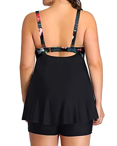 Flowy Plus Size Tankini Swimsuits Boyleg Bottoms For Women-Black Floral