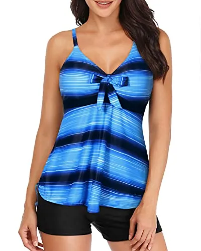 Flowy Tankini Top With Shorts Bathing Suit Tummy Control Swimwear-Blue And Black Stripe