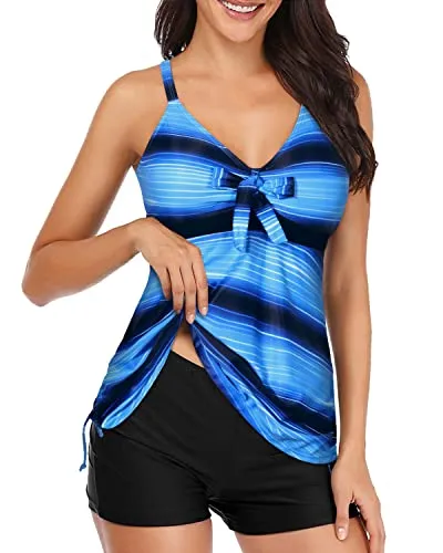 Flowy Tankini Top With Shorts Bathing Suit Tummy Control Swimwear-Blue And Black Stripe