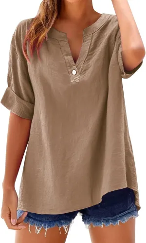 FQZWONG Cotton Linen Shirts for Women Summer Short Sleeve Tops Casual Ladies Solid V Neck Blouses Fashion Button Down Tshirts