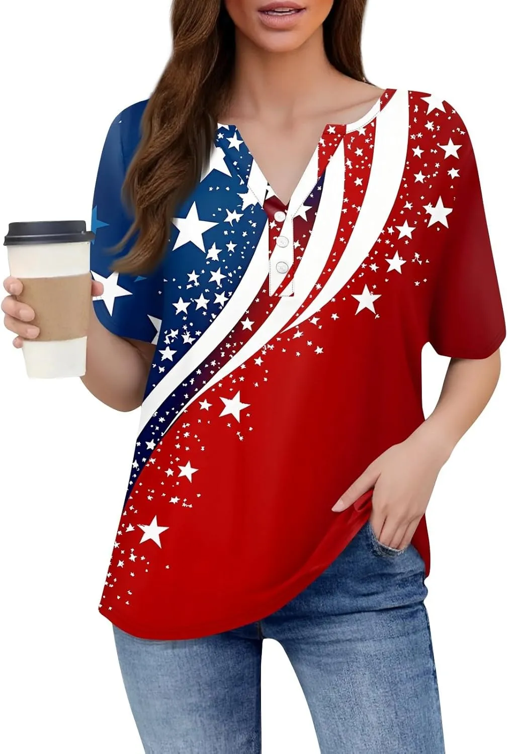 FQZWONG Summer Tops for Women 2025 Loose Casual Short Sleeve Shirts Trendy V Neck Graphic Tees Ladies Button Down Blouses