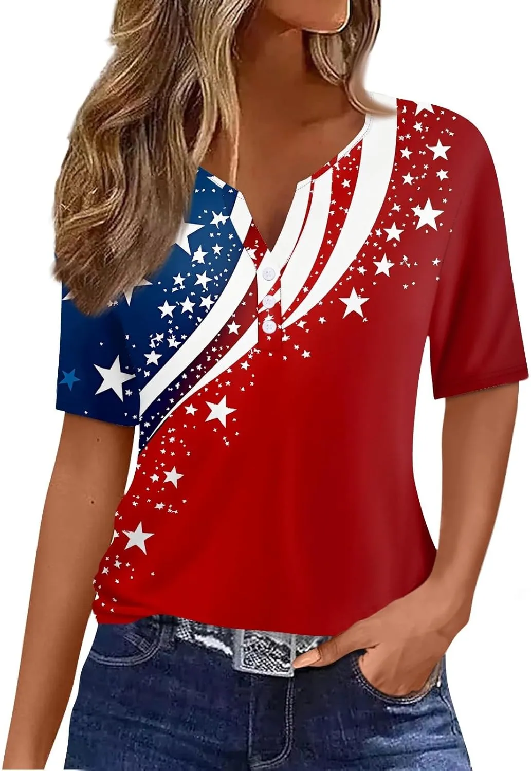 FQZWONG Summer Tops for Women 2025 Loose Casual Short Sleeve Shirts Trendy V Neck Graphic Tees Ladies Button Down Blouses