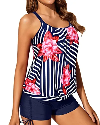 Full Coverage Drawstring Boyleg Bottom Womens Blouson Tankini Swimsuits-Blue Floral