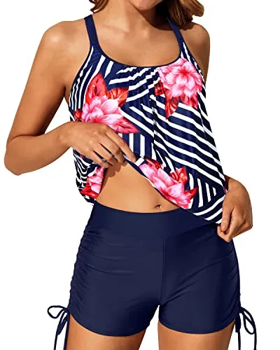 Full Coverage Drawstring Boyleg Bottom Womens Blouson Tankini Swimsuits-Blue Floral