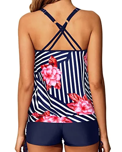 Full Coverage Drawstring Boyleg Bottom Womens Blouson Tankini Swimsuits-Blue Floral