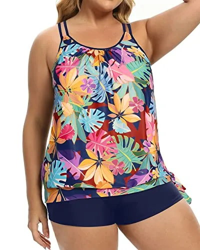 Full Coverage Plus Size Two Piece Tankini Swimsuit Tummy Control Bathing Suits-Blue Leaves