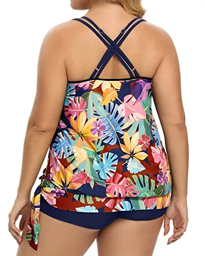 Full Coverage Plus Size Two Piece Tankini Swimsuit Tummy Control Bathing Suits-Blue Leaves