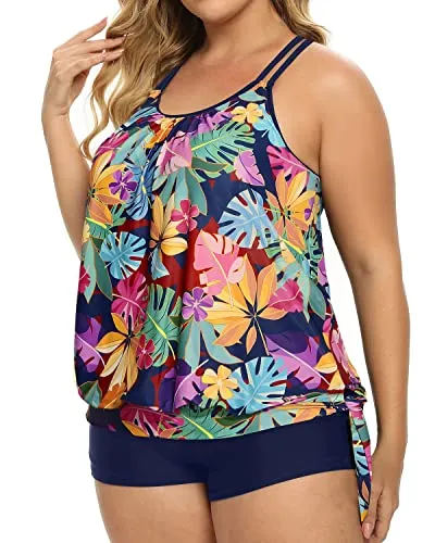 Full Coverage Plus Size Two Piece Tankini Swimsuit Tummy Control Bathing Suits-Blue Leaves