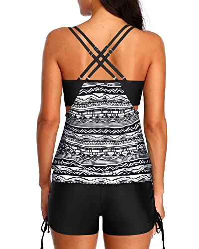 Full Coverage Tankini Swimsuits With Tummy Control Bathing Suits-Black Tribal