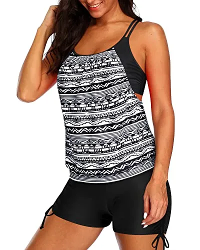 Full Coverage Tankini Swimsuits With Tummy Control Bathing Suits-Black Tribal
