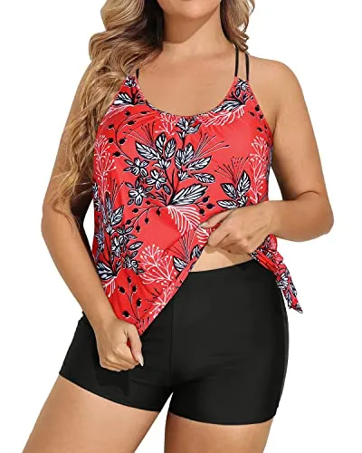 Full Coverage Women Plus Size Blouson Tankini Top With Boyshorts-Red Floral