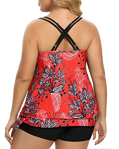 Full Coverage Women Plus Size Blouson Tankini Top With Boyshorts-Red Floral