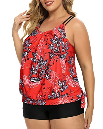 Full Coverage Women Plus Size Blouson Tankini Top With Boyshorts-Red Floral