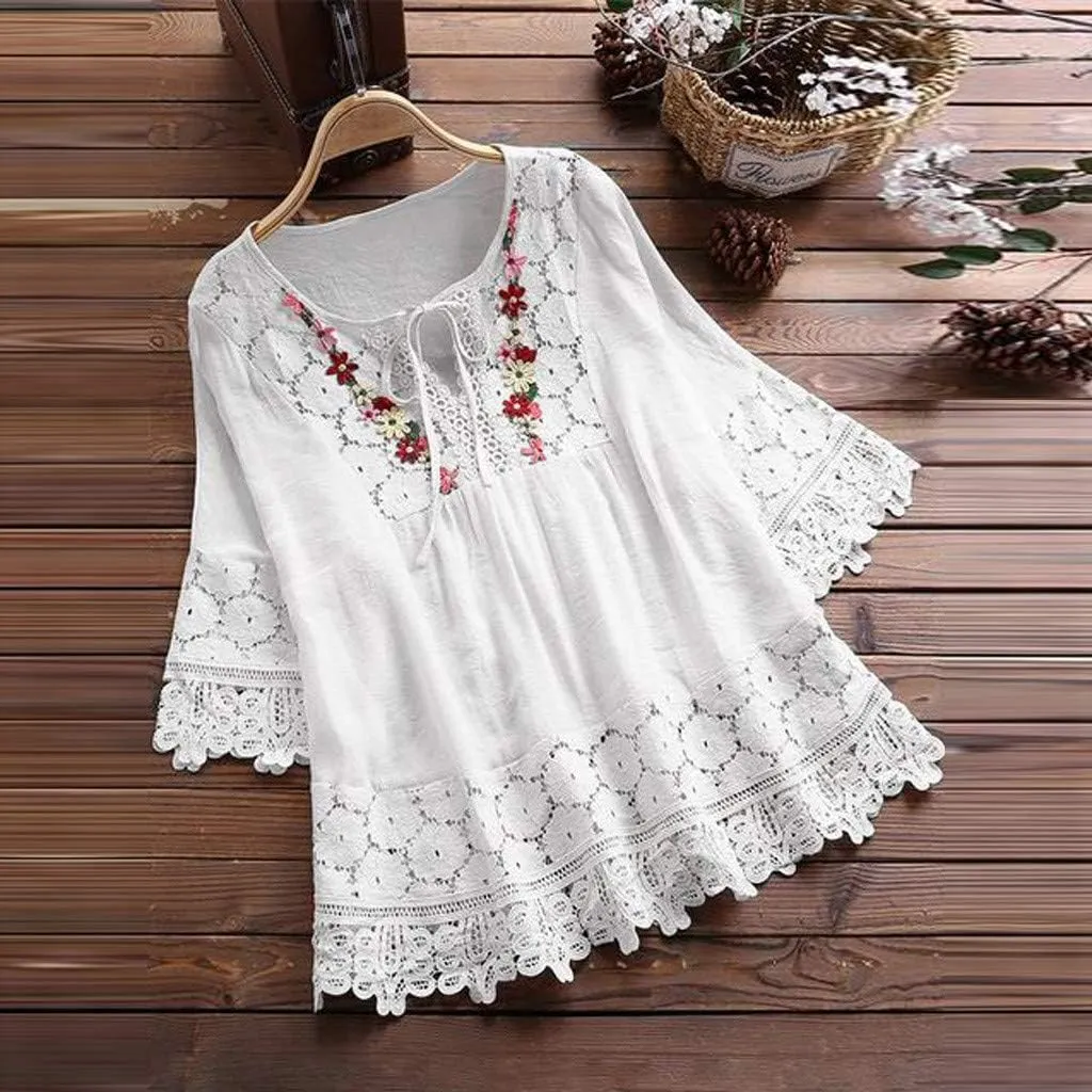 Gauze Linen Shirts for Women Summer Lace Boho Tops 3/4 Length Sleeve Beach Top Blouse Sexy V Neck Embroidered Tshirts