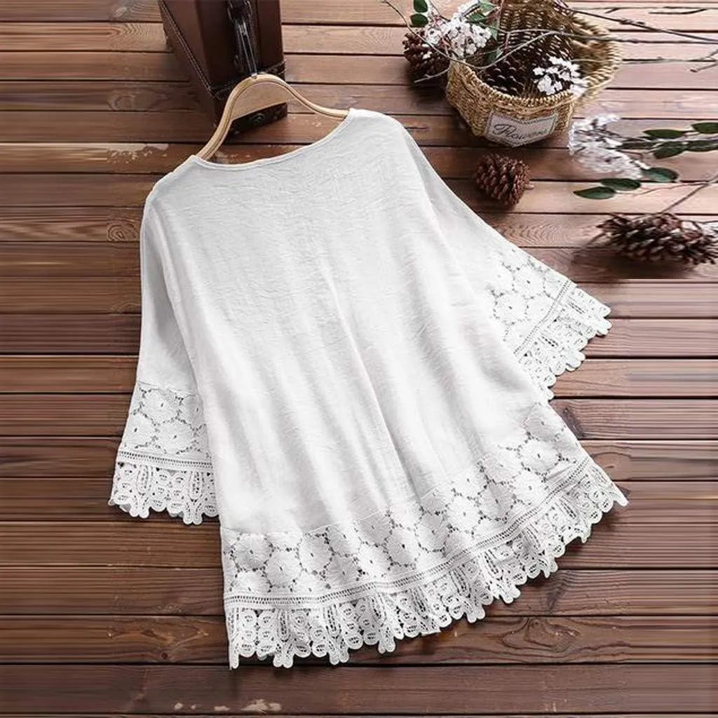 Gauze Linen Shirts for Women Summer Lace Boho Tops 3/4 Length Sleeve Beach Top Blouse Sexy V Neck Embroidered Tshirts