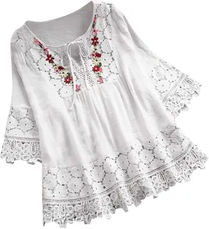 Gauze Linen Shirts for Women Summer Lace Boho Tops 3/4 Length Sleeve Beach Top Blouse Sexy V Neck Embroidered Tshirts