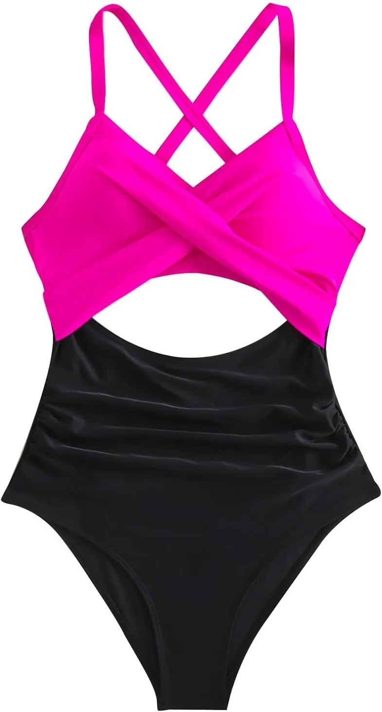 Gcvizuso One Piece Swimsuit Women Sexy Tummy Control Tankini High Waisted Bikini Sets 2024 Cutout Trendy Bathing Suit