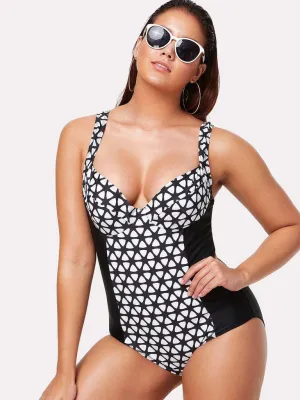 Geometric Pattern Two Tone Swimsuit